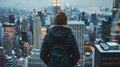 A lone figure stands at the edge of the bustling city back turned to the camera as they contemplate the challenges ahead