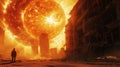 A lone figure stands in front of a crumbling building staring up in awe and dread as a solar flare threatens to consume