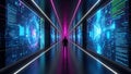 Man Standing In Futuristic Digital Corridor With Glowing Screens tunnel hallway Royalty Free Stock Photo