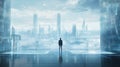 A lone figure stands on a platform overlooking a futuristic cityscape with skyscrapers and a digital interface Royalty Free Stock Photo