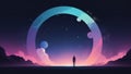 A lone figure stands silhouetted against a vibrant starry sky a giant celestial ring of pastel colors creating a mystical