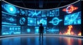 A lone figure stands before a vast curved wall of futuristic digital displays showcasing complex data visualizations and celestial Royalty Free Stock Photo