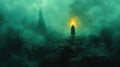 A lone figure with a torch explores a misty, dark environment, symbolizing the journey into the unknown Royalty Free Stock Photo