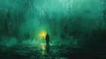 A lone figure with a torch explores a misty, dark environment, symbolizing the journey into the unknown Royalty Free Stock Photo