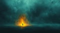 A lone figure with a torch explores a misty, dark environment, symbolizing the journey into the unknown Royalty Free Stock Photo