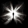 The man is walking through a dark tunnel towards the light shining through the end of the tunnel Royalty Free Stock Photo