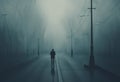 Lone figure walking down a street shrouded in fog, AI-generated.