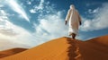 Man strolls on a vast desert sand dune in a flowing white djellaba, under a sunny sky with fluffy clouds, evoking