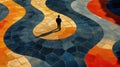 A lone figure walks through a colorful patterned pavement, creating an abstract and contemplative artistic atmosphere Royalty Free Stock Photo