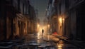 A lone figure walks through the dark, narrow city street generated by AI