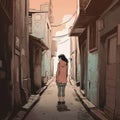 A lone figure of a young girl in an alleyway with her head bowed. AI generation