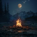 A lone fire burns in the night, its warmth fighting the moonlit obscurity of the surrounding wilderness