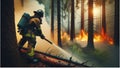 Lone fireman fighting a forest fire wearing a respirator