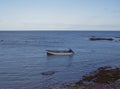 A lone Fisherman preparing to Moor his Small boat off the beach at Tangle Ha on the East Coast of Scotland. Royalty Free Stock Photo