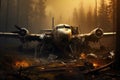 A lone, forgotten aircraft is left stranded and immobile, resting atop the patch of soil, The plane crashed to the ground, AI