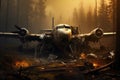 A lone, forgotten aircraft is left stranded and immobile, resting atop the patch of soil, The plane crashed to the ground, AI Royalty Free Stock Photo