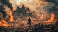 A lone Frankish warrior stands in front of a burning village a symbol of the devastation they are capable of inflicting