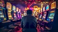 A lone gambler at slot machines in a vibrant casino