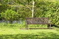Lone garden bench set in a tranquil corner of a garden. Royalty Free Stock Photo