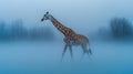 Lone giraffe walking in misty landscape during winter morning, surrounded by trees Royalty Free Stock Photo