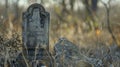 A lone grave marker standing stoically in the midst of a desolate cemetery its inscription worn away by time.