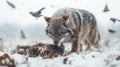 Majestic Gray Wolf in Snowy Forest with Crows Flying Around, Wildlife Predator in Winter Landscape, Wild Animal Hunting Royalty Free Stock Photo
