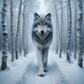 Lone Gray Wolves Wilderness Wintertime Birch Trees Snowy Pathway Forest Canada AI Generated