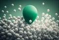 A lone green balloon separated from a large crowd of white gel balloons of the same type against a blue sky. AI