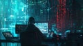 A lone hacker in a dark hoodie interacts with multiple screens, immersed in a world of matrix-like digital code during a