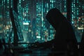 A lone hacker, dressed in a hoodie, focuses on a large screen filled with cascading code, immersed in a world of digital