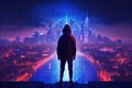 Lone hacker looks over a technological future city landscape. Abstract computer data transfer. Neon lights with silhouette