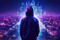 Lone hacker looks over a technological future city landscape. Abstract computer data transfer. Neon lights with silhouette