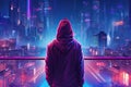 Lone hacker looks over a technological future city landscape. Abstract computer data transfer. Neon lights with silhouette