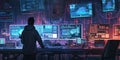 A lone hacker in a neon-lit room surrounded by multiple computer monitors displaying data and code