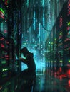 A lone hacker sits focused in a dimly lit data center, surrounded by glowing servers and cables, engaged in intense
