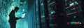 A lone hacker works intently on a laptop surrounded by glowing server racks in a dimly lit environment. Generative AI