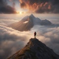 A lone hiker on a mountain peak at sunrise, dramatic clouds below, hyper-realistic Royalty Free Stock Photo