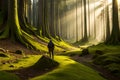 A lone hiker resting on a moss-covered boulder in a dense, ancient forest. Shafts of sunlight pierce through the canopy Royalty Free Stock Photo