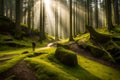 A lone hiker resting on a moss-covered boulder in a dense, ancient forest. Shafts of sunlight pierce through the canopy Royalty Free Stock Photo