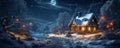 Lone house and road in winter forest at Christmas night, landscape with chalet, decorations and snow. Wide banner of cottage and Royalty Free Stock Photo