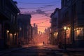 A lone individual strolls down a bustling city street as the sun sets in the background, A quiet street corner in a bustling city