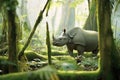 lone javan rhino in rainforest clearing