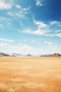 A lone kite flies over a desert landscape with mountains in the distance, AI