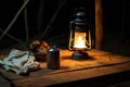 a lone lantern burning next to an untouched meal