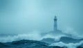 A lone lighthouse in the middle of a raging storm, surrounded by massive ocean waves and thick fog rolling in from the sea Royalty Free Stock Photo