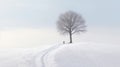 Lone lonely tree in winter snow and lake solitude, minimalist. Generative AI weber.