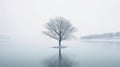 Lone lonely tree in winter snow and lake solitude, minimalist. Generative AI weber.