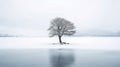 Lone lonely tree in winter snow and lake solitude, minimalist. Generative AI weber.