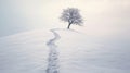 Lone lonely tree in winter snow and lake solitude, minimalist. Generative AI weber.