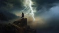 A lone male figure standing atop a mountain peak, illuminated by a powerful streak of lightning